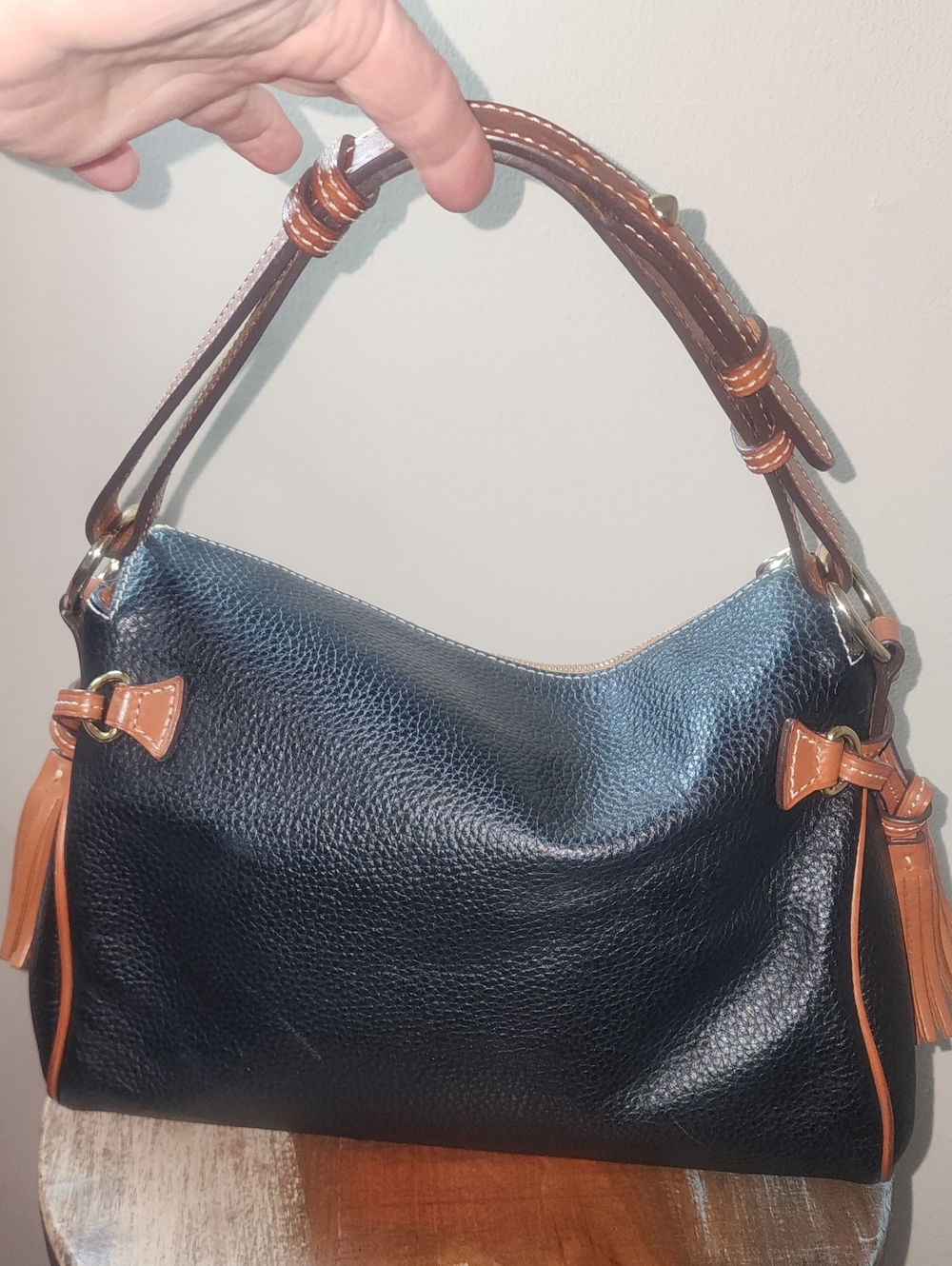 Dooney & Bourke Black Tan Pebbled Leather Flourentine Satchel Shoulder Bag - Picture 6 of 16